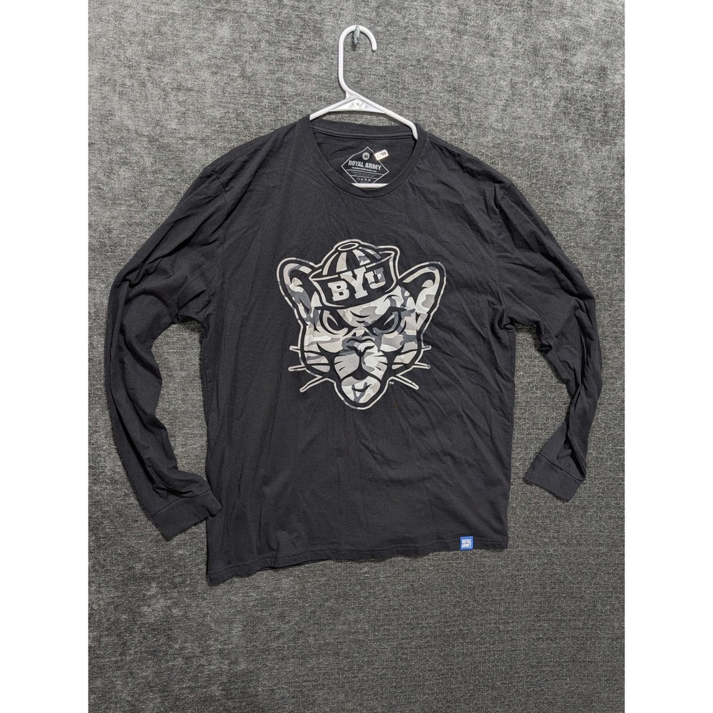 Royal Army BYU Cougars Mascot Long Sleeve T Shirt Mens XL Gray Camo Graphic Tee